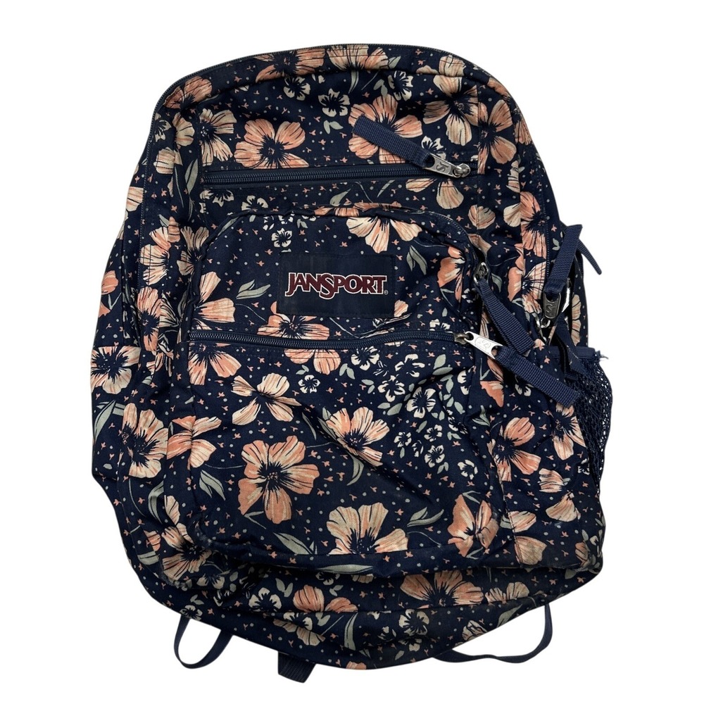 Jansport Navy & Pink Hibiscus Backpack Cross Town Student Bag Multiple Pockets